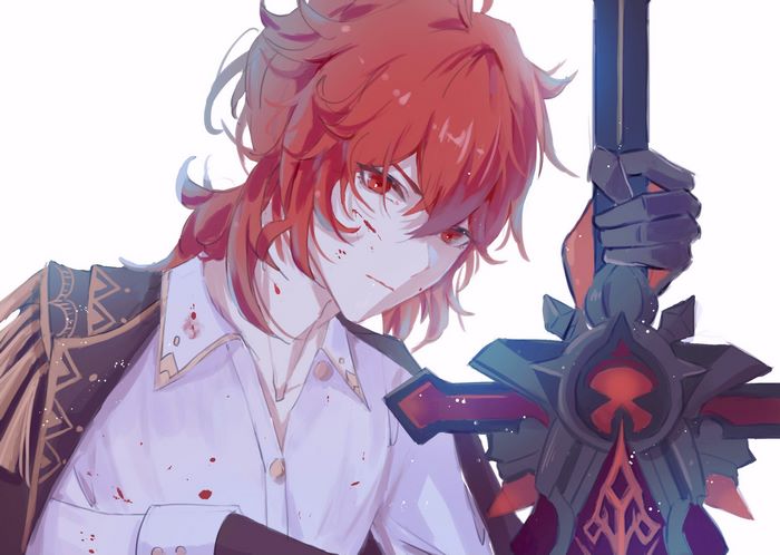 Diluc holding a sword, Genshin Impact