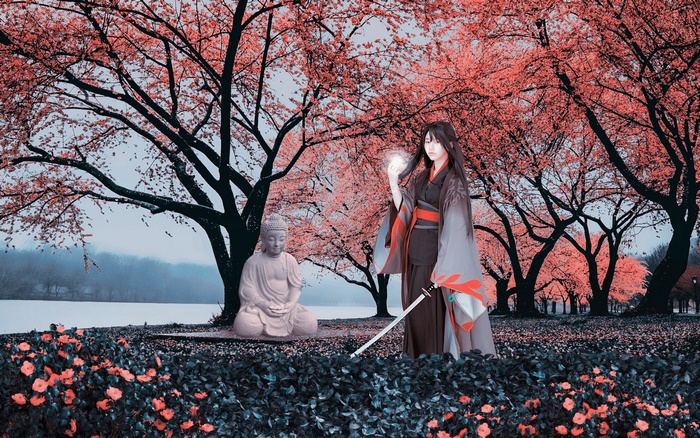 Fantasy Woman Warrior with Buddha Statue 4K