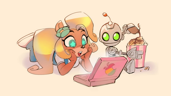 Coco Bandicoot and Clank watching a laptop