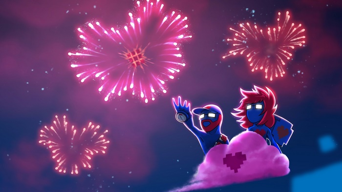 Monstercat characters on a cloud watching fireworks