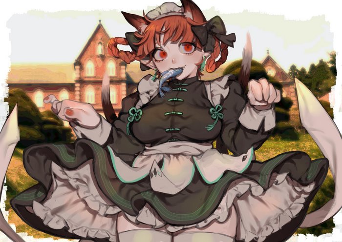 Rin Kaenbyou eating a fish in front of a building