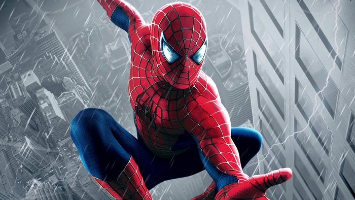 Spider-Man in a city during a storm