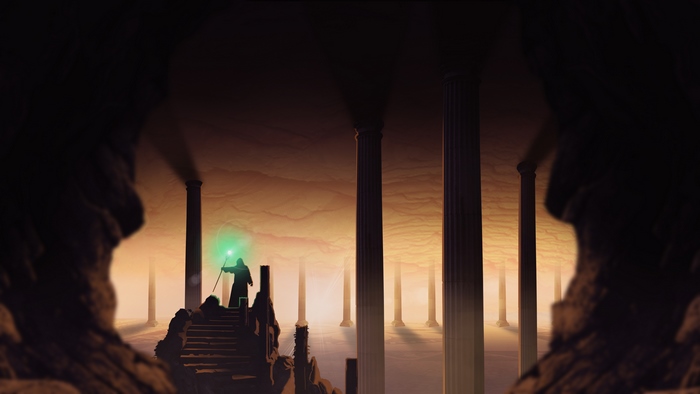 Magician with glowing staff in ancient ruins