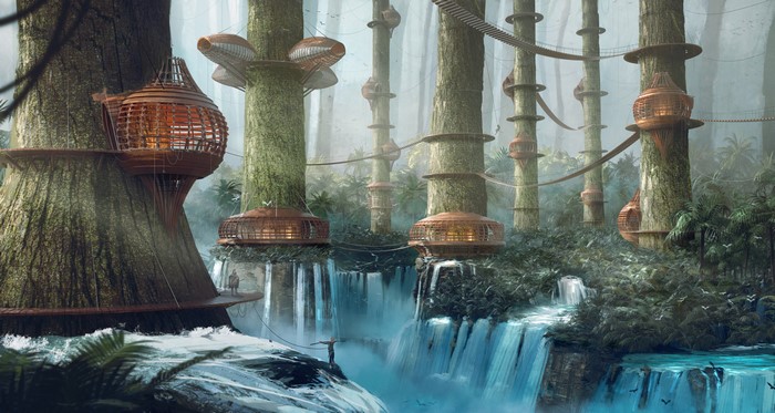 Treehouse village with waterfalls in a forest