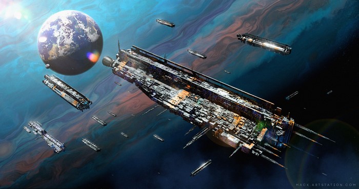 Nomad Fleet Spaceships Near a Planet