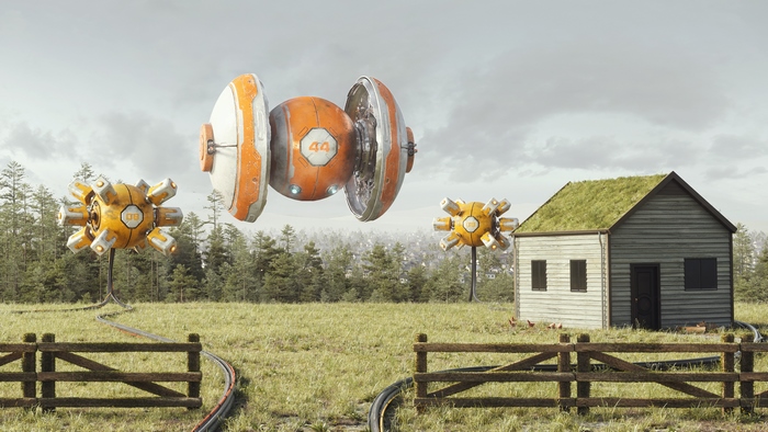Dystopian Reconnaissance Drones Hover Over Rural Landscape