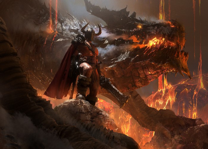 Fantasy Warrior and Dragon in a Fiery Landscape