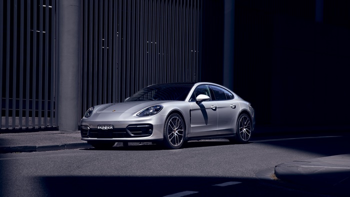 Silver Porsche Panamera parked on street
