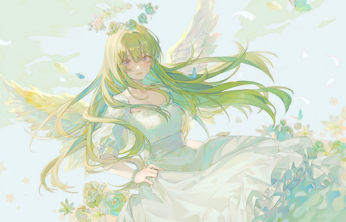 Angel with Green Hair and Wings Wearing a Wreath