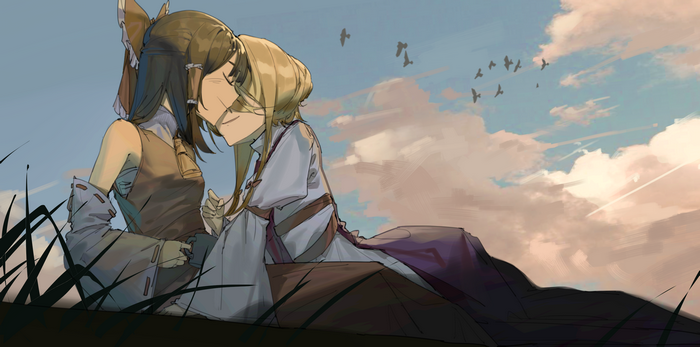Reimu Hakurei and Yukari Yakumo in a field