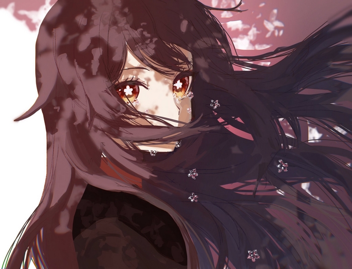 Hu Tao with tears and flowers in her hair
