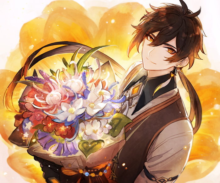 Zhongli holding a bouquet of flowers