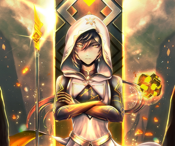 Zhongli with a spear and a glowing cube