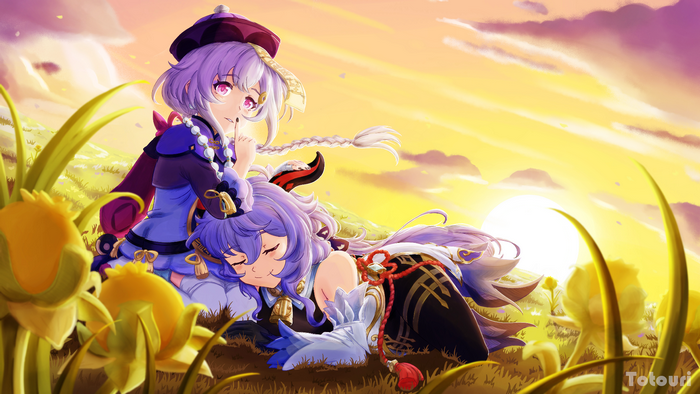 Qiqi and Ganyu from Genshin Impact resting in a field