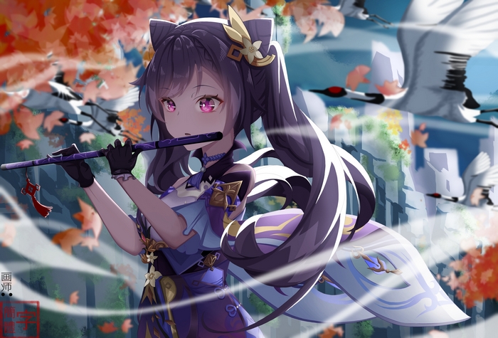 Keqing (Genshin Impact) playing a flute with cranes flying
