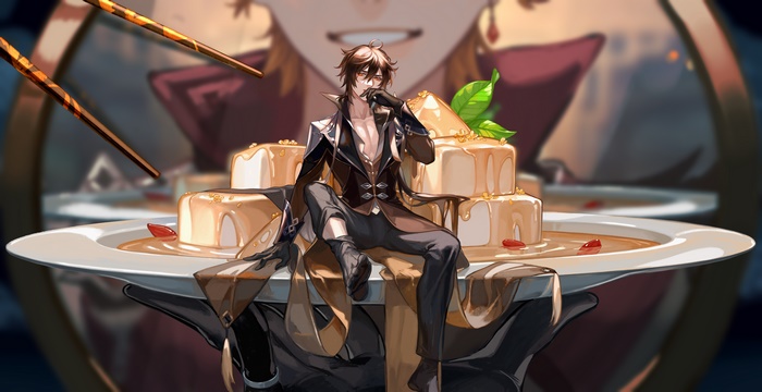 Zhongli (Genshin Impact) with a dessert