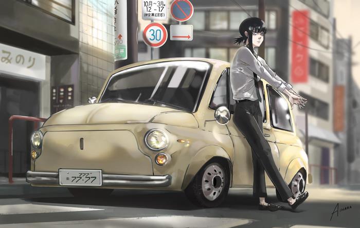 Kobeni Higashiyama and a vintage car