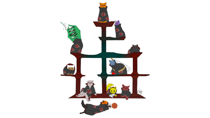 Cats dressed as Akatsuki members on a cat tree