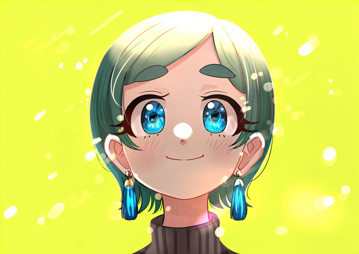 Futomayu-chan anime girl with blue eyes and green hair