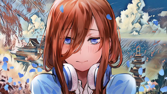 Miku Nakano with Headphones and Japanese Architecture