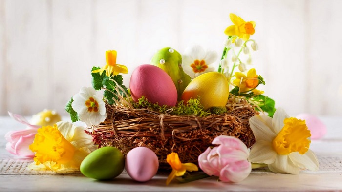 Easter Eggs in a Nest with Flowers