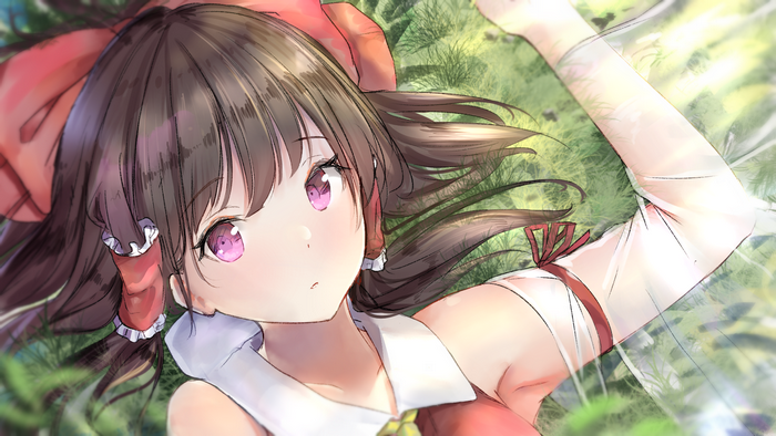 Reimu Hakurei lying in grass