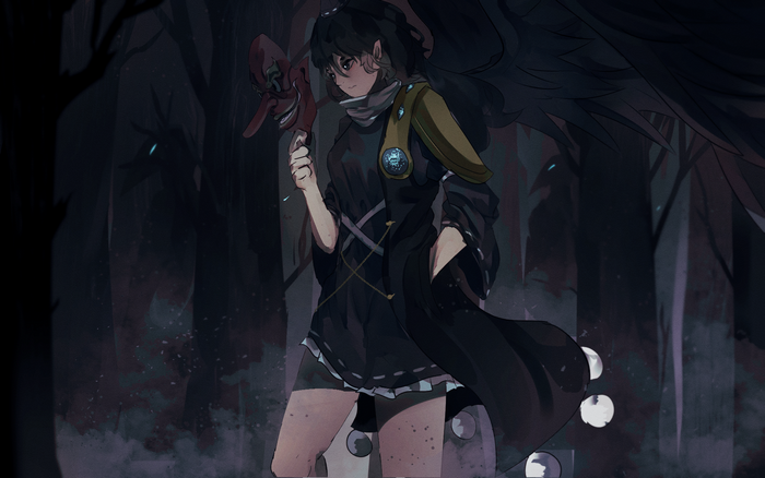 Megumu Iizunamaru holding a mask in a dark forest