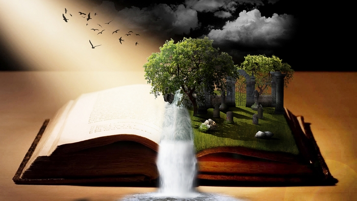 Fantasy Book with Waterfall and Graveyard