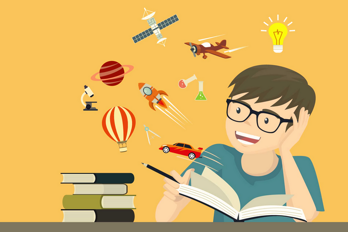 Boy with glasses reading a book with imagination objects