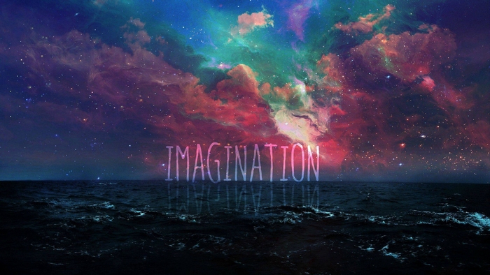 Imagination written over a galaxy and ocean