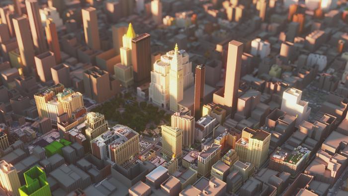 Minecraft city skyline inspired by the Flatiron District