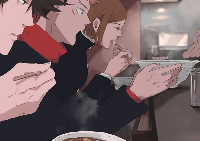 Yuji Itadori, Megumi Fushiguro, and Nobara Kugisaki eating ramen