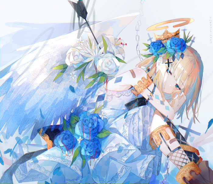 Girl with blue roses and wings