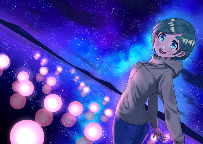 Futomayu-chan in a starry sky with glowing orbs