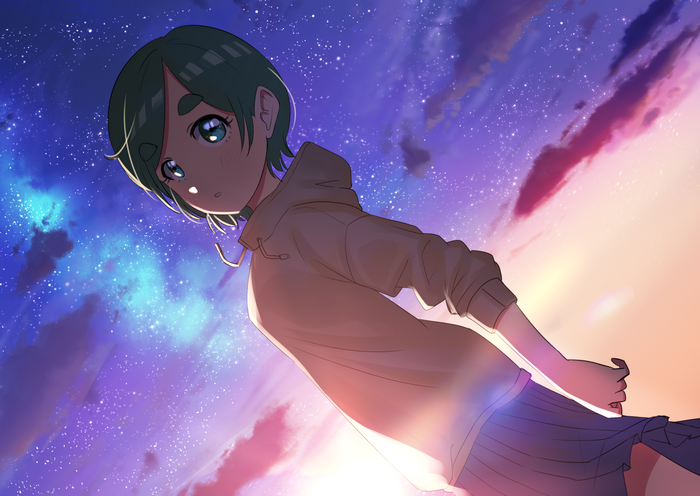 Futomayu-chan looking up at a starry sky