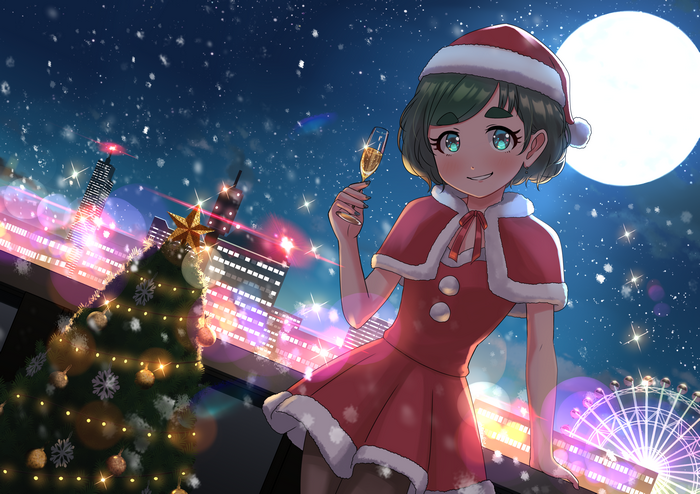 Girl in Santa Outfit with Champagne and Christmas Tree