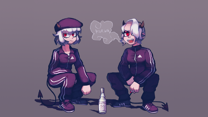 Zdrada and Malina from Helltaker in tracksuits