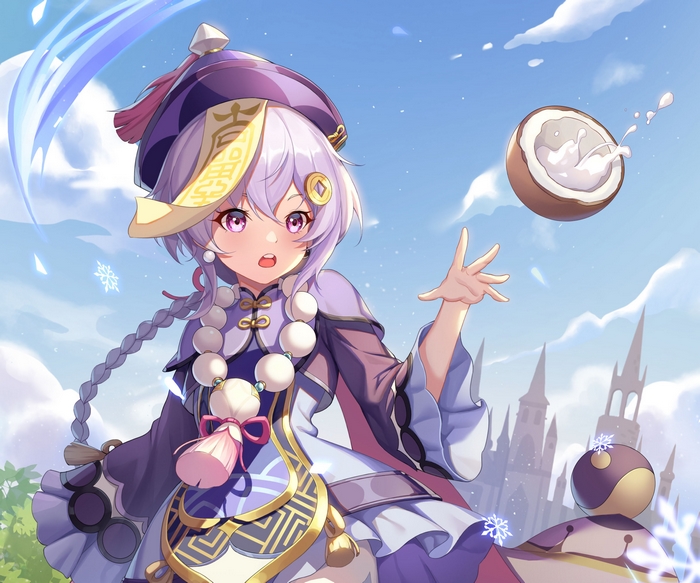 Qiqi from Genshin Impact playing with a coconut