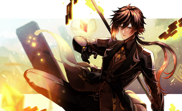 Zhongli from Genshin Impact holding a polearm