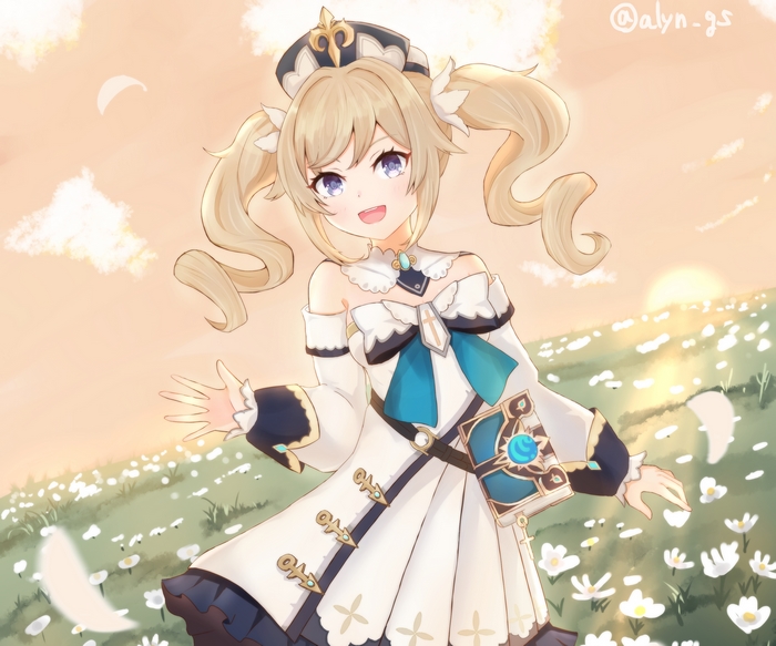 Barbara from Genshin Impact in a field of flowers