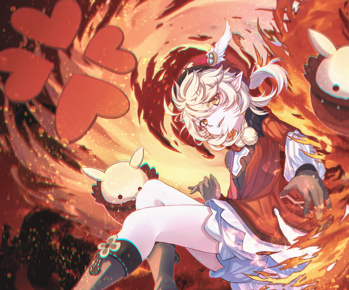 Klee from Genshin Impact surrounded by fire and hearts
