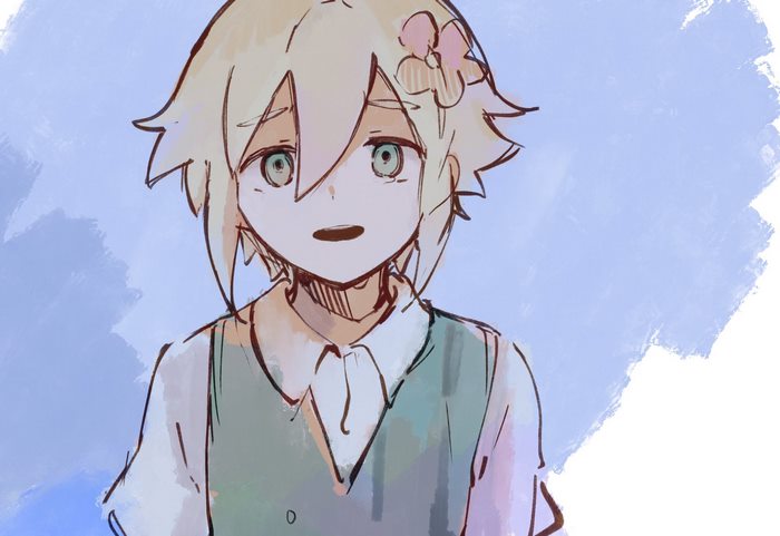Basil from Omori with blonde hair and green eyes