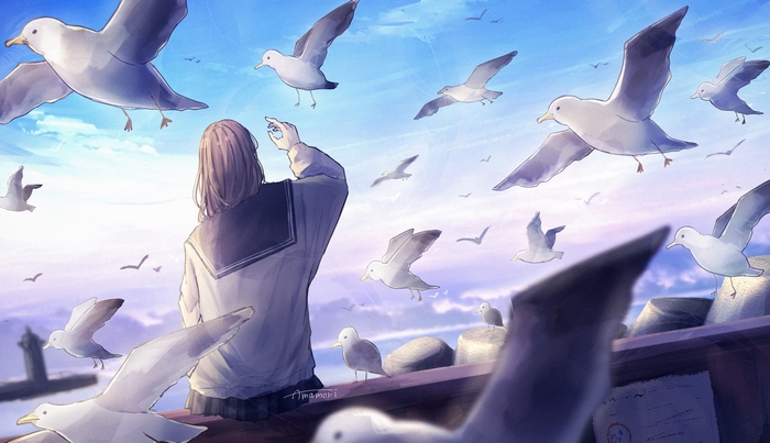 Girl feeding seagulls by the sea