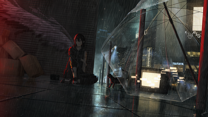 Girl and Cat in the Rain Under an Umbrella