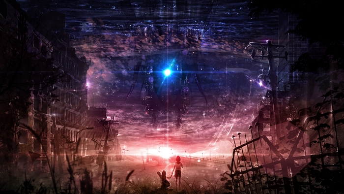 Post Apocalyptic Cityscape with Two Children and Alien Structure