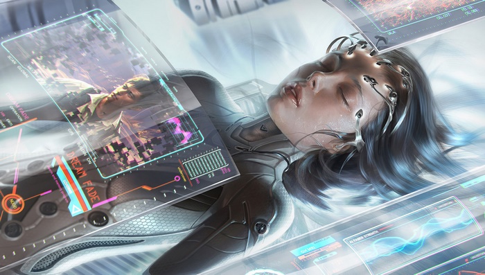 Woman with cybernetic implants in a futuristic medical bay