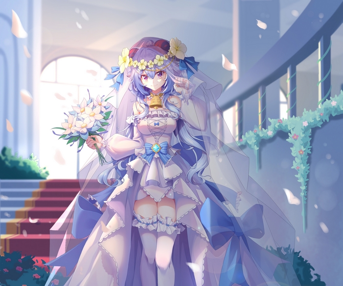Ganyu in a wedding dress with flowers