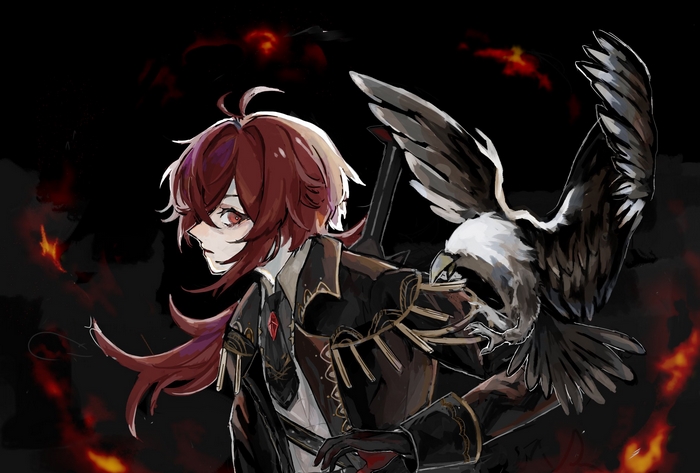 Diluc with an eagle and fire