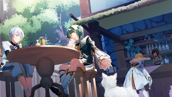 Lumine, Chongyun, and Xingqiu in a cafe