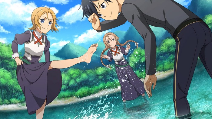 Sword Art Online: Kirito, Linel, and Fizel by the water